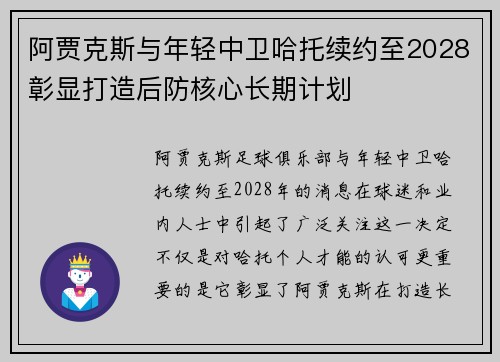 阿贾克斯与年轻中卫哈托续约至2028彰显打造后防核心长期计划